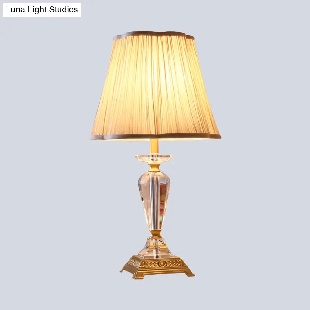 Modern Beveled Crystal Table Lamp With Fabric Shade - Tapered Design 1 Bulb Task Light In Beige