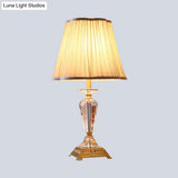 Modern Beveled Crystal Table Lamp With Fabric Shade - Tapered Design 1 Bulb Task Light In Beige