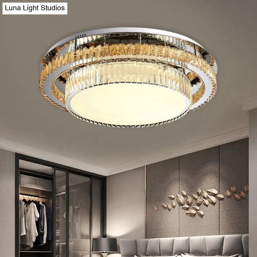 Modern Beveled Glass Crystal Led Drum Ceiling Lamp - 19.5’/23.5’ Wide Chrome Flushmount
