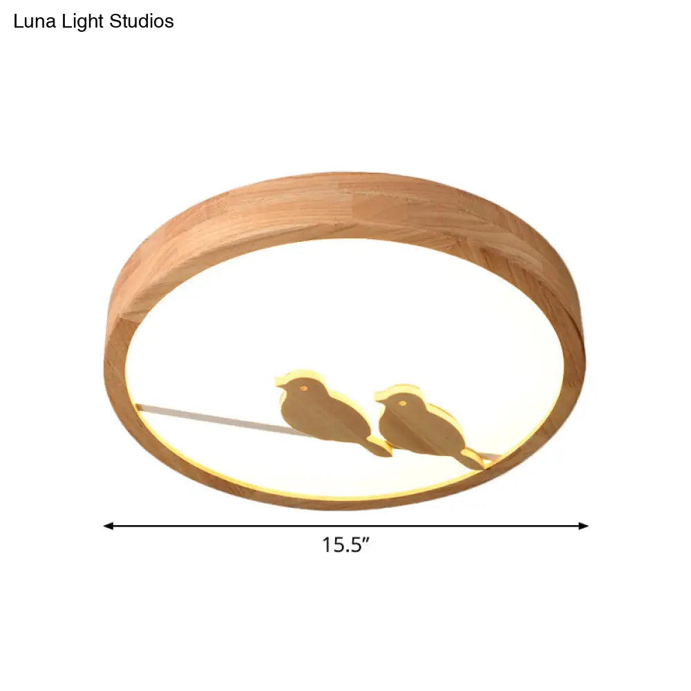 Modern Bird Pattern Led Drum Ceiling Light With Wood Finish