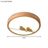 Modern Bird Pattern Led Drum Ceiling Light With Wood Finish