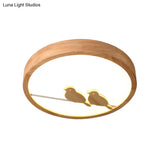 Modern Bird Pattern Led Drum Ceiling Light With Wood Finish