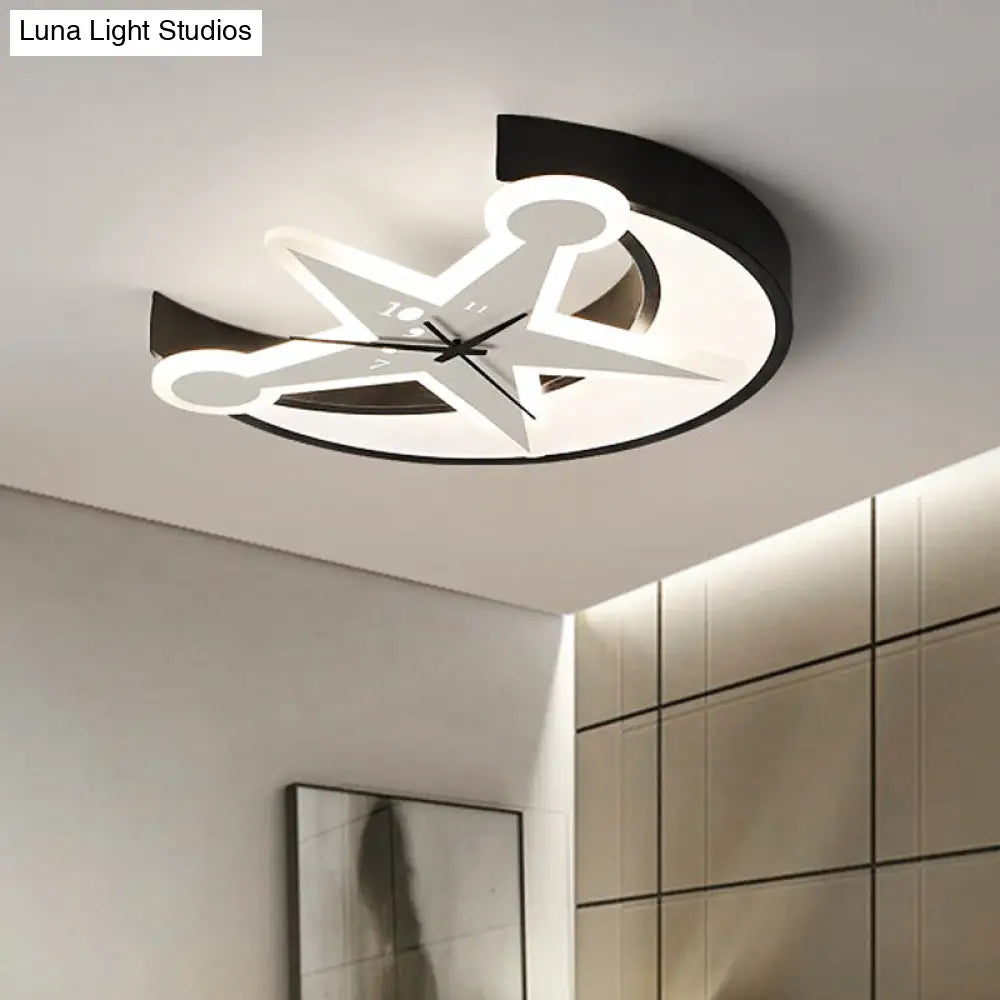 Modern Black Acrylic Clock Flush Ceiling Light With Moon & Star Led For Dining Room