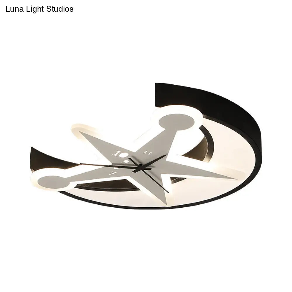Modern Black Acrylic Clock Flush Ceiling Light With Moon & Star Led For Dining Room