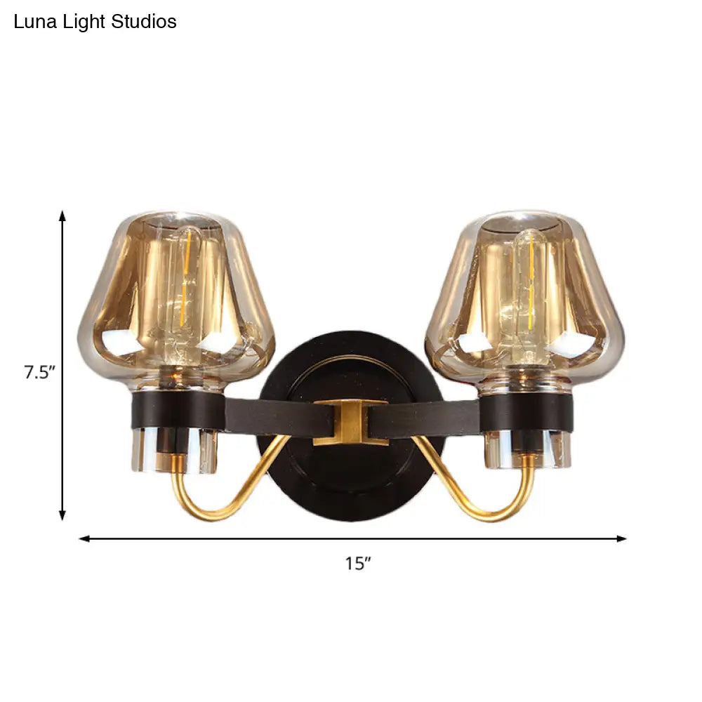 Modern Black Amber Glass Wall Lamp - 2-Light Mushroom Sconce Light Fixture For Living Room