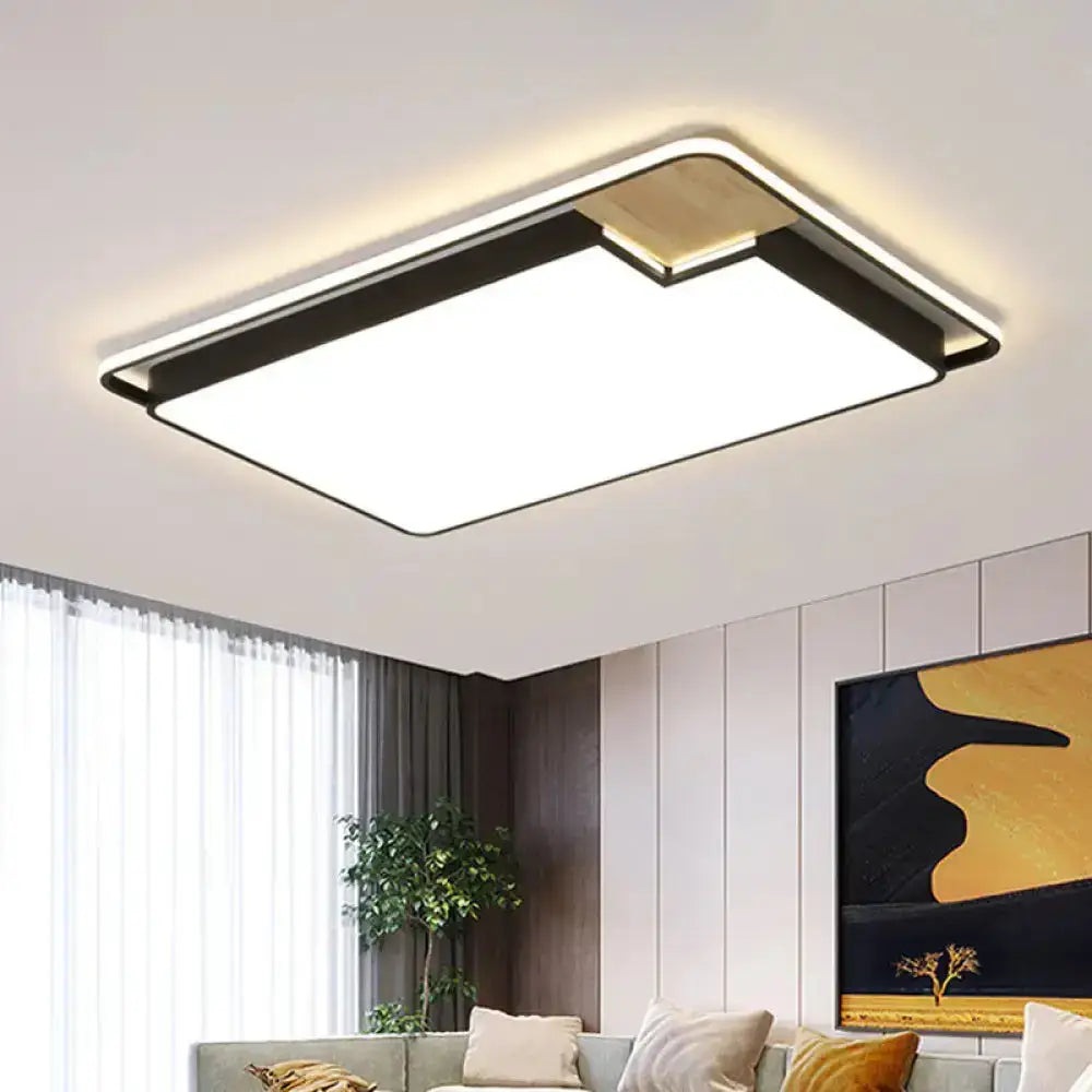 Modern Black And Wood Led Ceiling Light: Acrylic Rectangular/Square Flushmount With Cut Corner