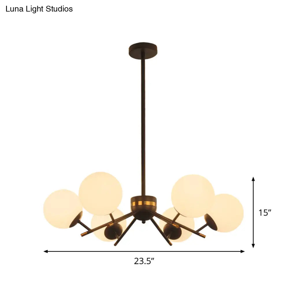 Modern Black Ball Chandelier With 6 Bulbs & White Frosted Glass Pendulum