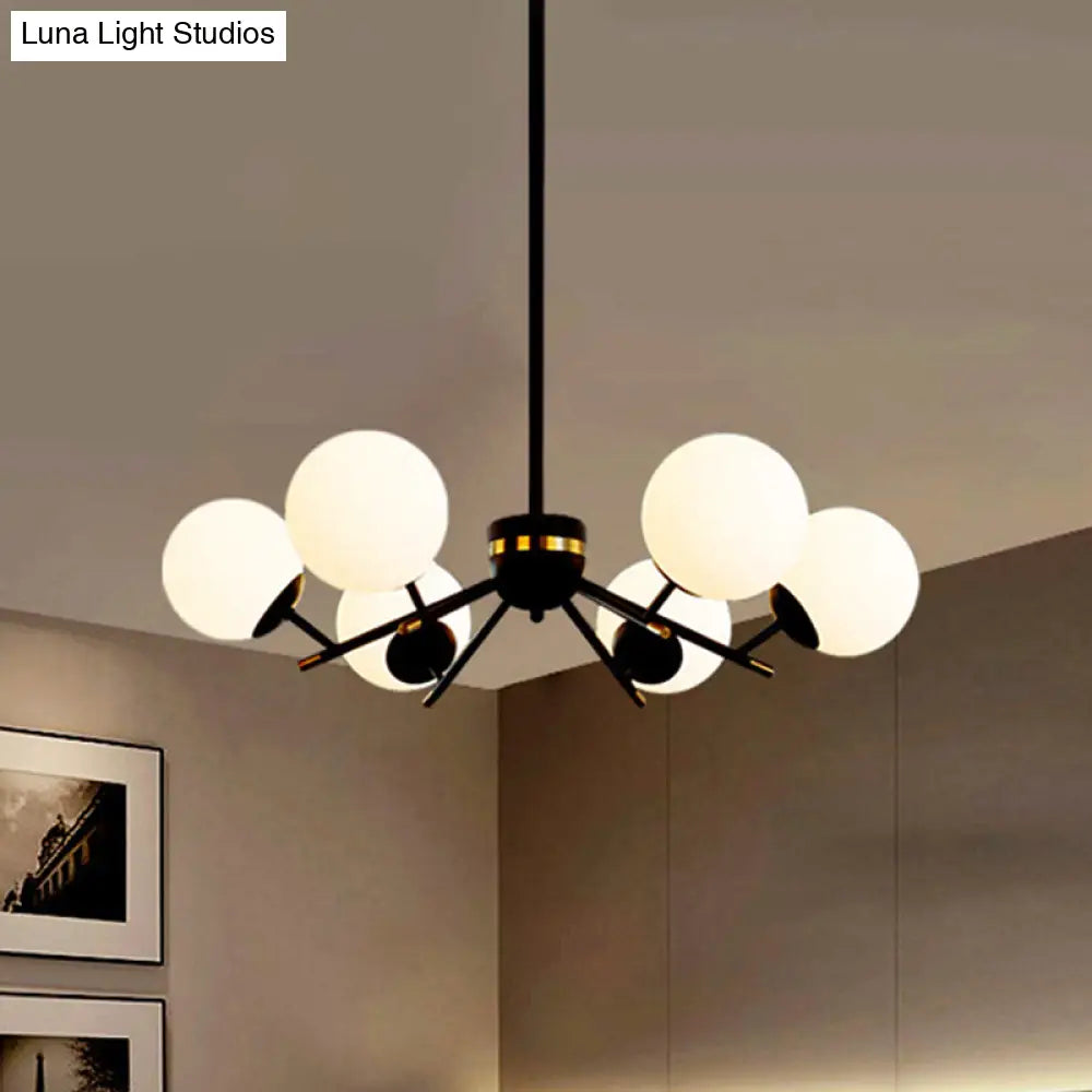 Modern Black Ball Chandelier With 6 Bulbs & White Frosted Glass Pendulum