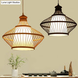 Modern Black Bamboo Pendant Light With Asia-Inspired Pear Shape For Table