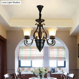 Modern Black Ceiling Chandelier With Frosted Glass Shades - 3/5-Light Up/Down Hanging Lamp Kit
