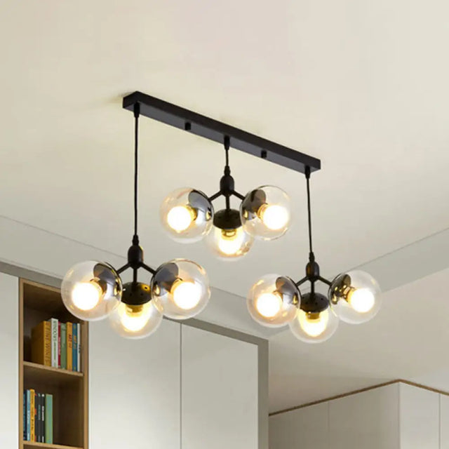 Modern Black Clear Glass Round Cluster Hanging Ceiling Lamp With Linear Design - Multiple Lights