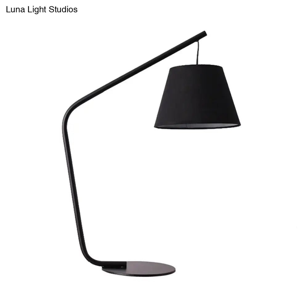 Modern Black Conical Fabric Table Lamp With Curved Arm For Bedroom