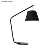 Modern Black Conical Fabric Table Lamp With Curved Arm For Bedroom