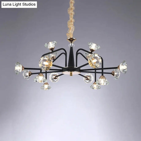 Modern Black Crystal Chandelier With 9/12 Lights - Pyramid Design Curved Arm Ceiling Hanging Light