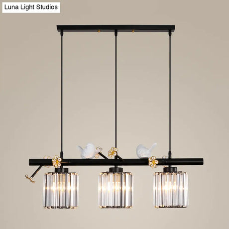 Modern Black Cylinder Island Light Pendant With Crystal Accents - 3 Lights
