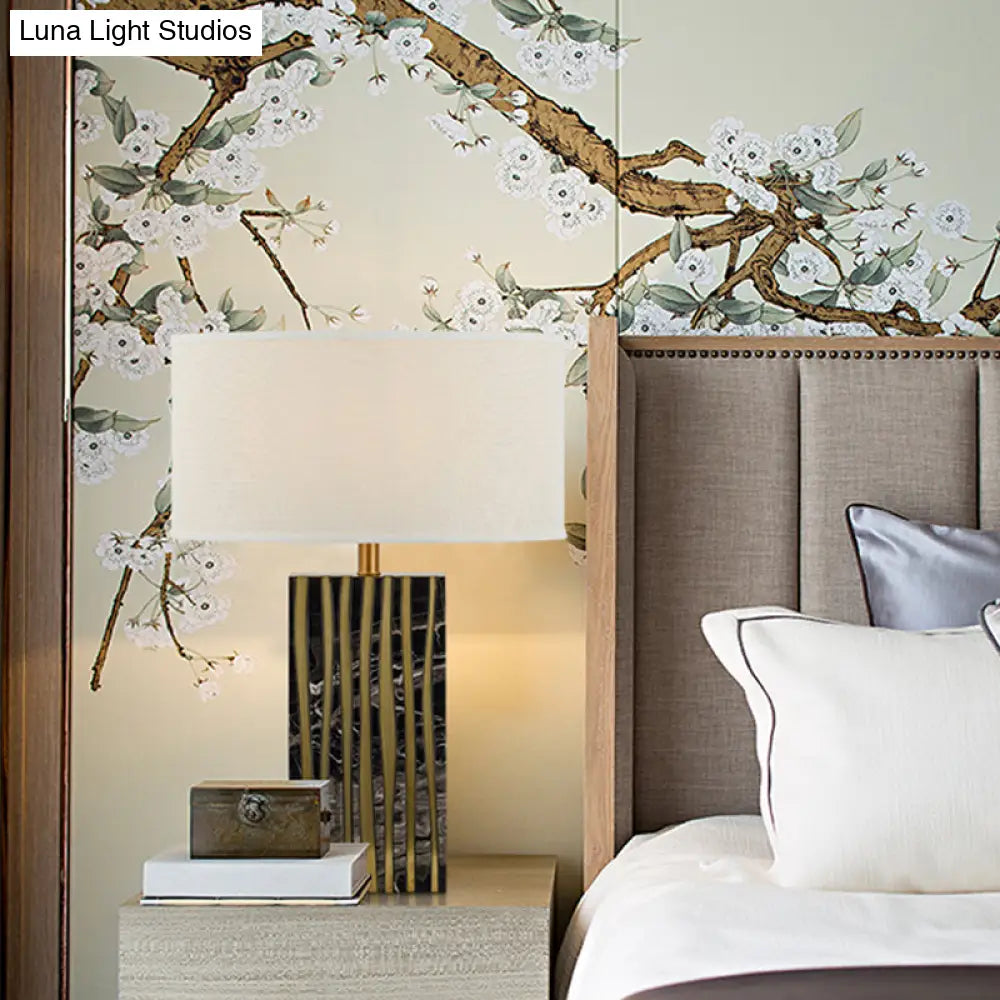 Modern Black Drum Night Table Lamp: 1-Light Fabric Lighting For Bedroom Nightstand