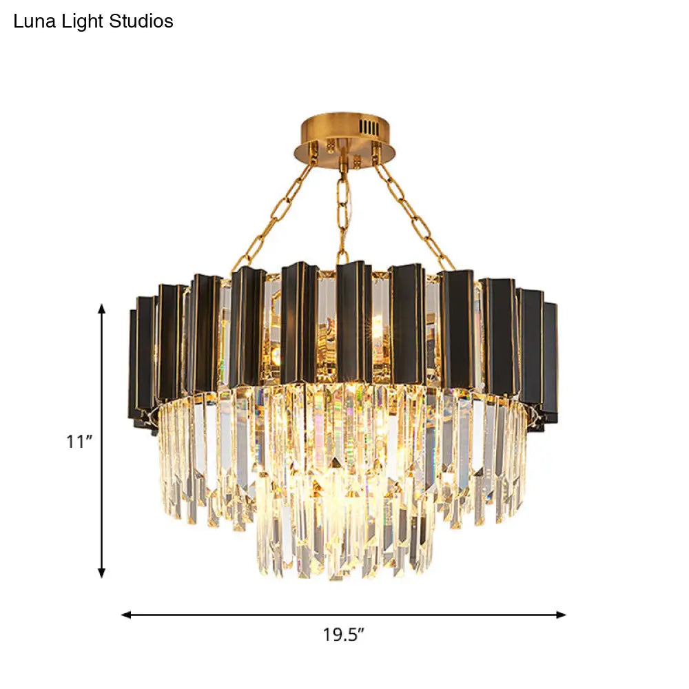 Modern Black Finish Tapered Bedroom Chandelier with Clear Crystal Prisms - 9 Heads Hanging Lamp Kit Black