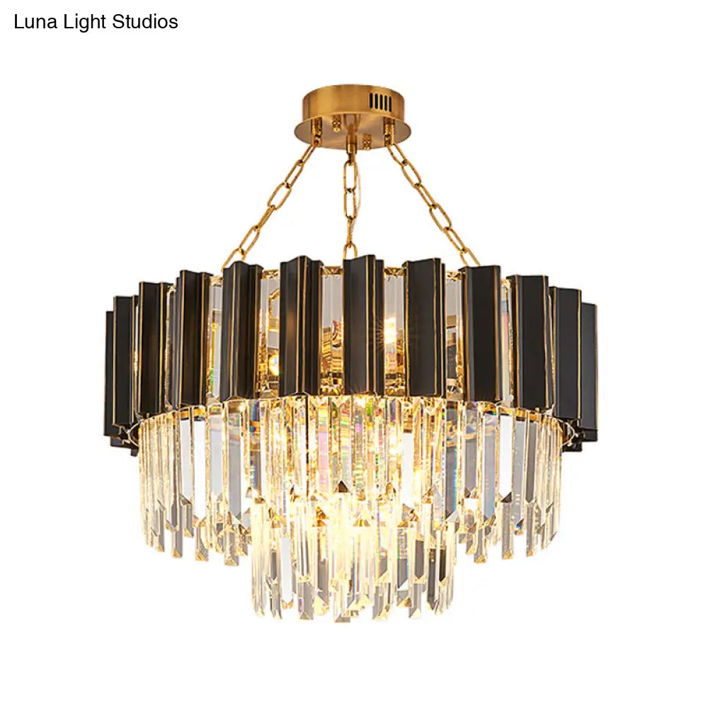 Modern Black Finish Tapered Bedroom Chandelier with Clear Crystal Prisms - 9 Heads Hanging Lamp Kit Black