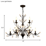 Modern Black Floral Iron Chandelier - 3/6/9-Light Dining Room Pendant With Crystal Draping