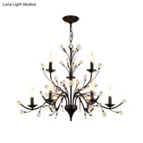 Modern Black Floral Iron Chandelier - 3/6/9-Light Dining Room Pendant With Crystal Draping