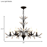 Modern Black Floral Iron Chandelier - 3/6/9-Light Dining Room Pendant With Crystal Draping