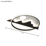 Modern Black Flush Ceiling Lamp With Led Mountain And Sun Pattern - Perfect For Living Rooms