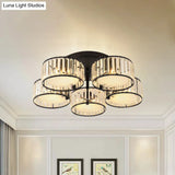 Modern Black Flush Mount Ceiling Light Fixture With Drum Crystal Shade - 3/5/6 Lights For Living