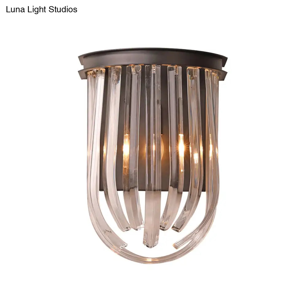 Modern Black Glass And Metal Wall Light Semi Oval Mount For Bedroom