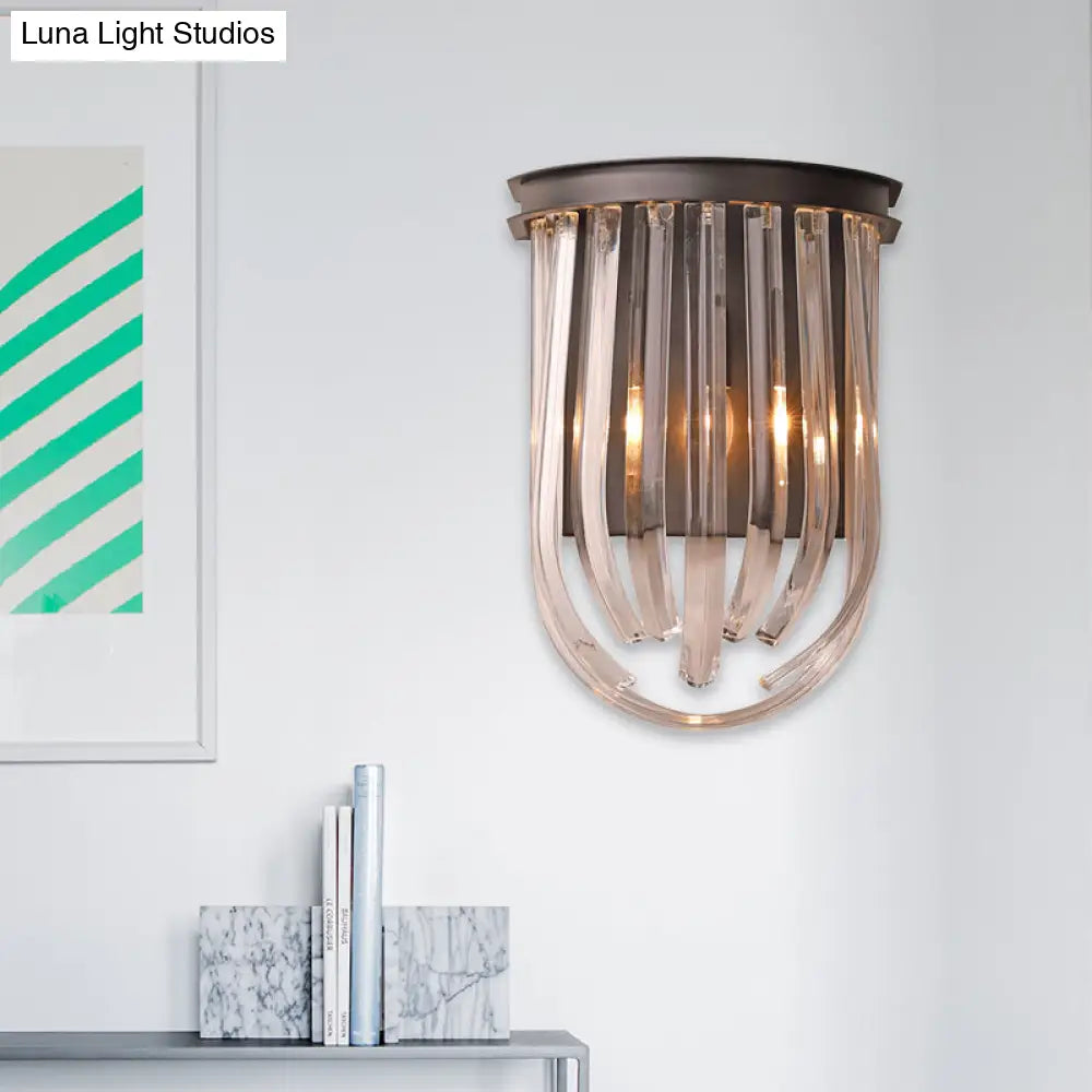 Modern Black Glass And Metal Wall Light Semi Oval Mount For Bedroom