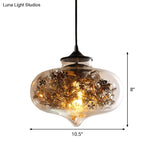 Modern Black Glass Oval Hanging Ceiling Lamp With Shattered Leaf Deco