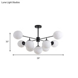 Modern Black/Gold Branch Chandelier - 7/9/11-Light Iron Pendant With White Glass Ball Shade