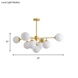 Modern Black/Gold Branch Chandelier - 7/9/11-Light Iron Pendant With White Glass Ball Shade