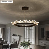 Modern Black/Gold Ring Pendant Chandelier With Crystal Accents - Led Light In White/Warm Living Room