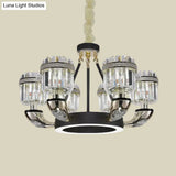 Modern Black Hoop Chandelier With Drum Crystal Prisms - 6 Bulbs Living Room Pendant Lighting