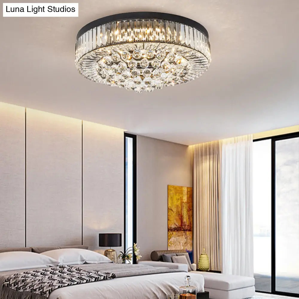 Modern Black Led Crystal Block Drum Ceiling Light Stepless Dimming 3 Color + Remote Control