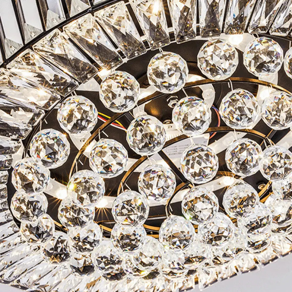 Modern Black Led Crystal Block Drum Ceiling Light Stepless Dimming 3 Color + Remote Control