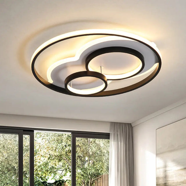 Modern Black Led Flush Mount Ceiling Lamp With Multi-Ring Acrylic Design In Warm/White Light -