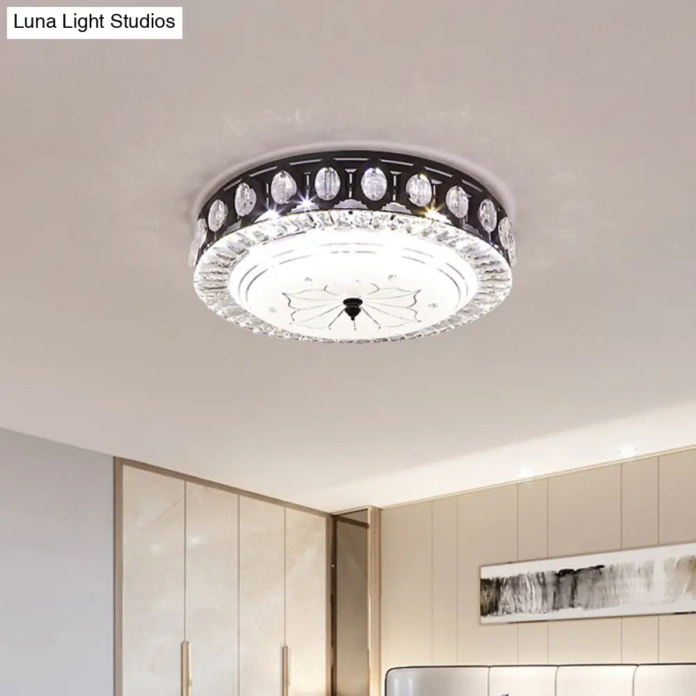 Modern Black Metal Led Flush Mount Bedroom Lamp With Crystal Accent