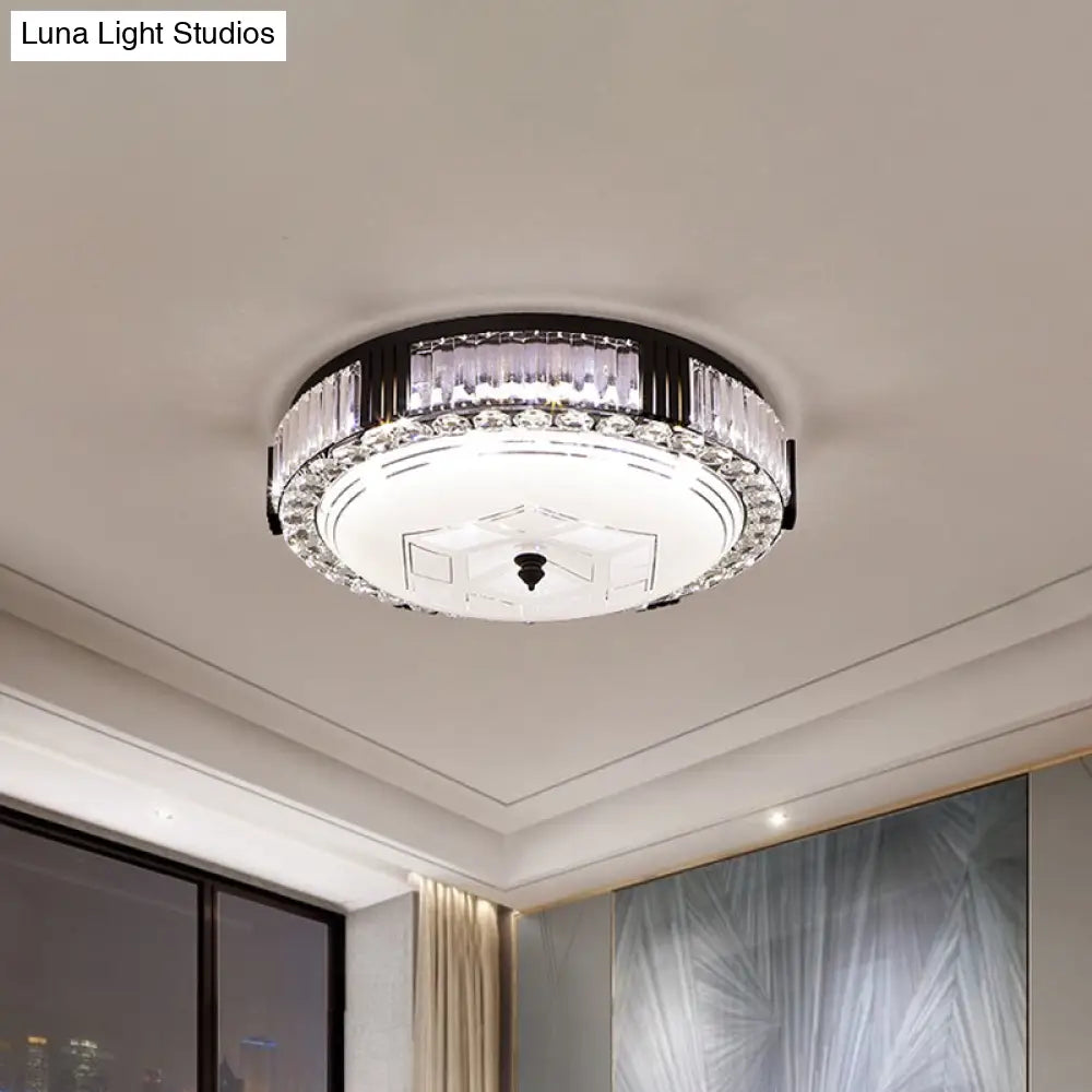 Modern Black Metal Led Flush Mount Bedroom Lamp With Crystal Accent
