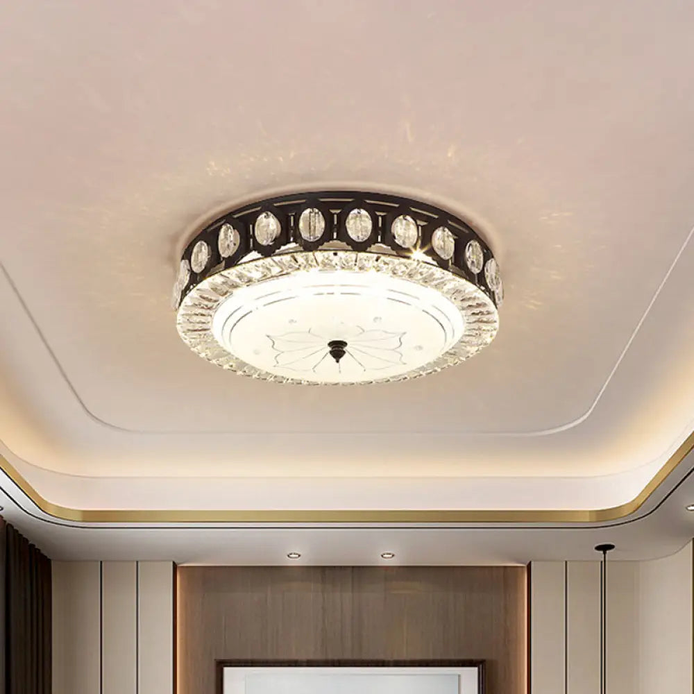 Modern Black Metal Led Flush Mount Bedroom Lamp With Crystal Accent / B