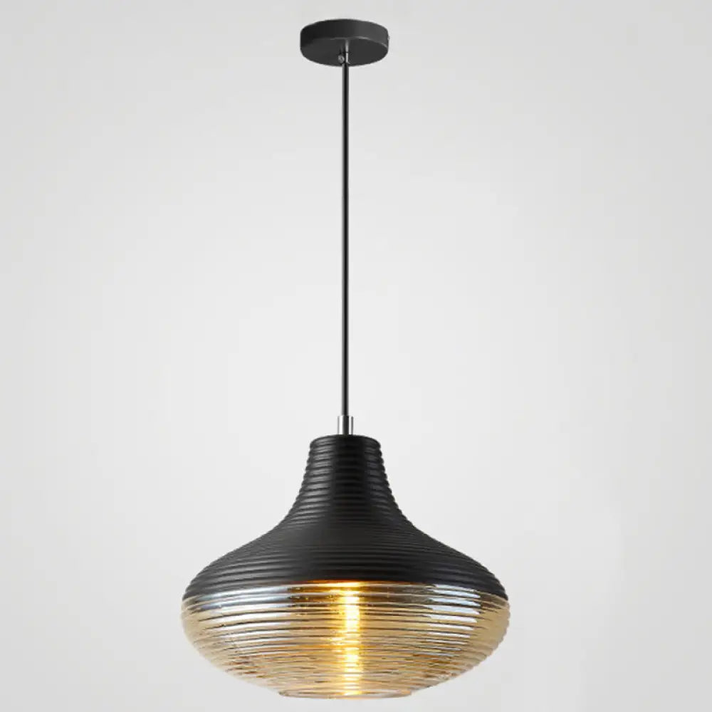 Modern Black Metal Pendant Light With Ribbed Glass Shade - 1-Light Hanging Lamp / 10.5’