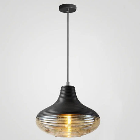 Modern Black Metal Pendant Light With Ribbed Glass Shade - 1-Light Hanging Lamp / 10.5’