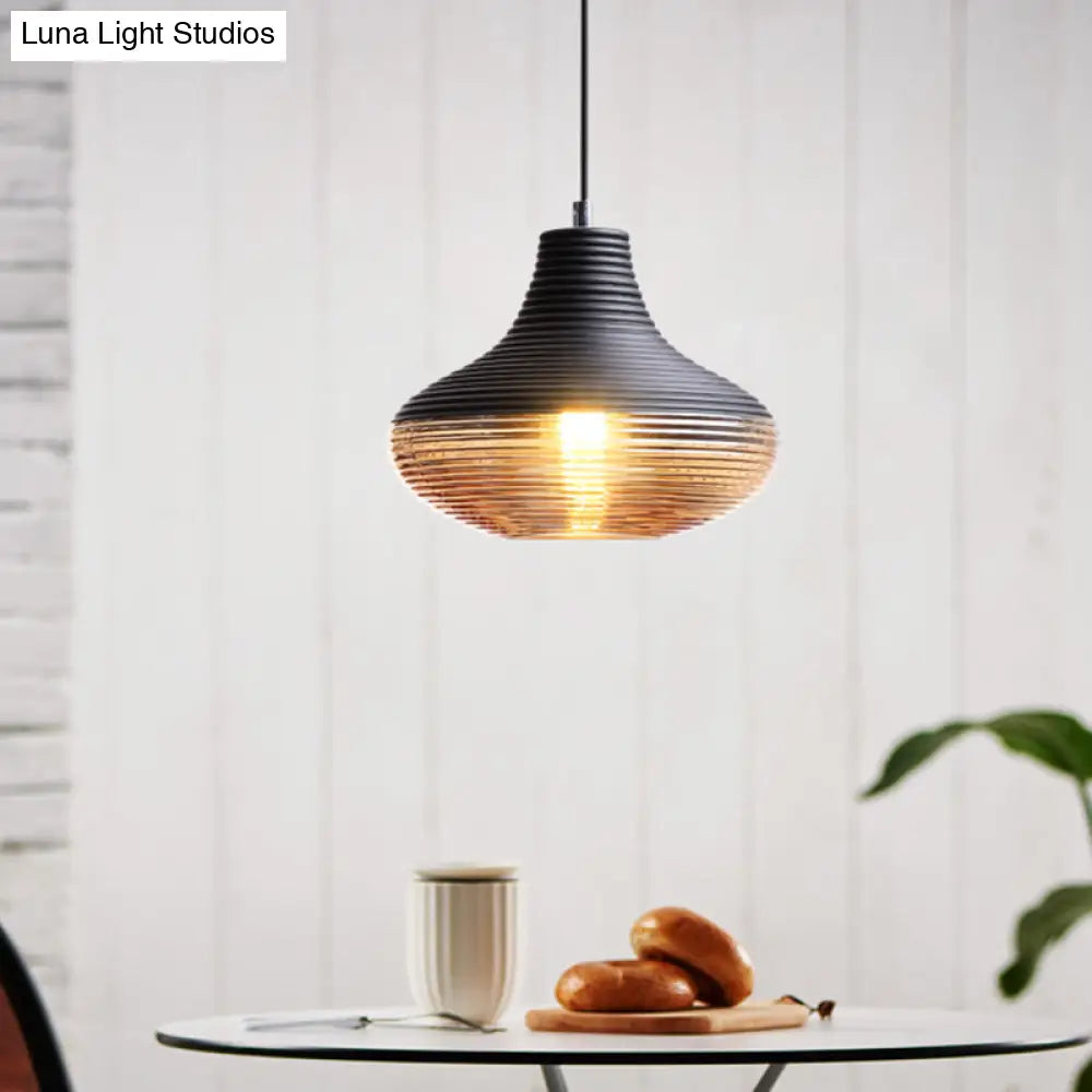 Modern Black Metal Pendant Light With Ribbed Glass Shade - 1-Light Hanging Lamp