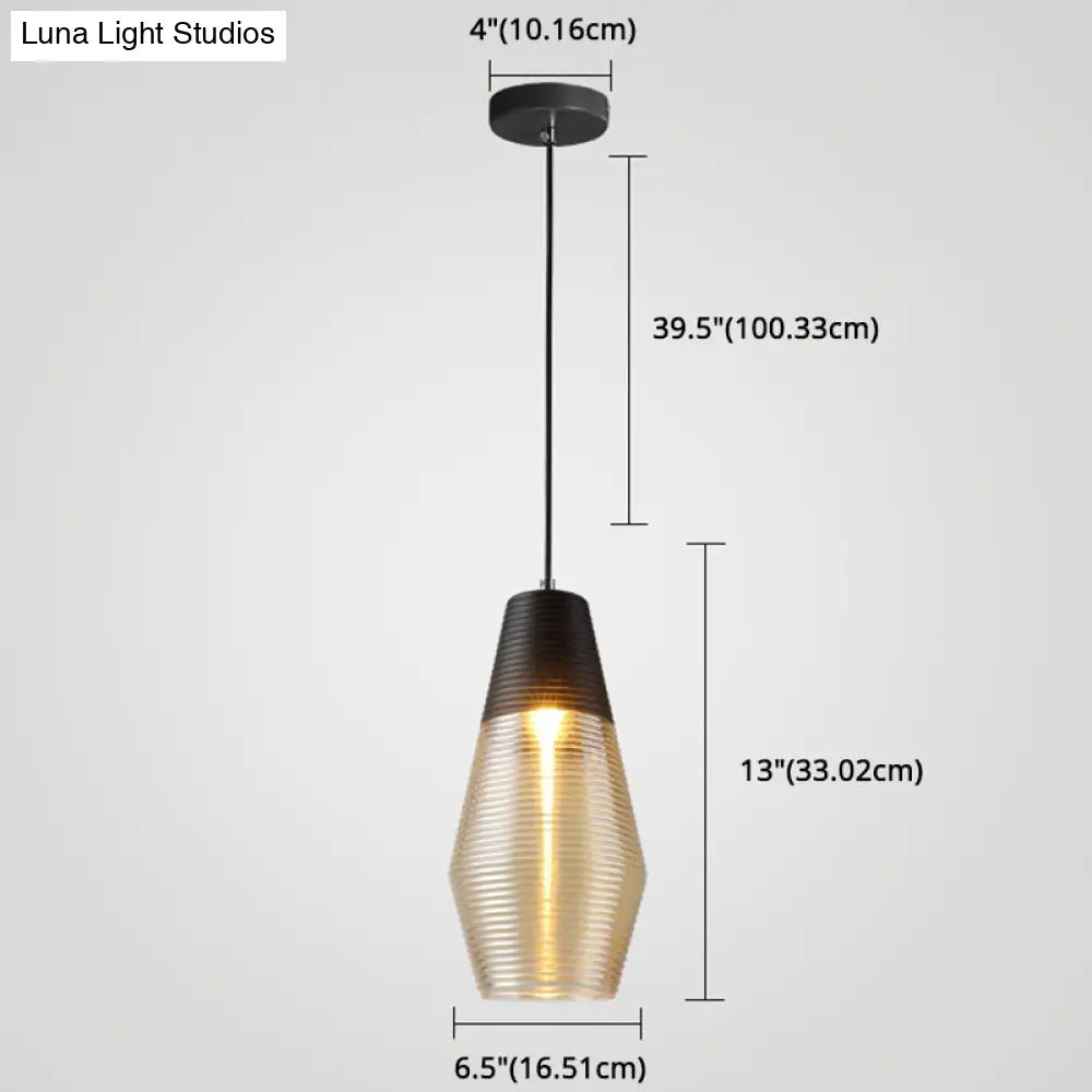 Modern Black Metal Pendant Light With Ribbed Glass Shade - 1-Light Hanging Lamp