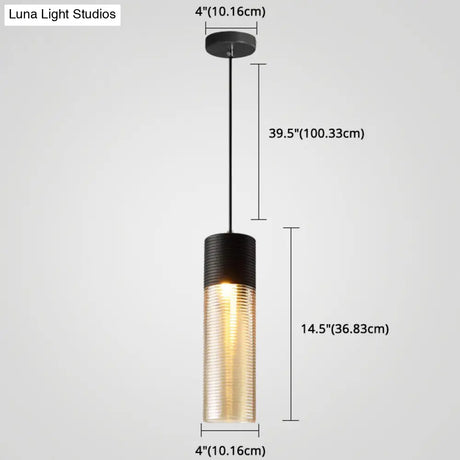 Modern Black Metal Pendant Light With Ribbed Glass Shade - 1-Light Hanging Lamp