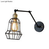 Modern Black Metal Wall Sconce With Adjustable Arm And Cage Shade - Retro Style Lighting 1 Light