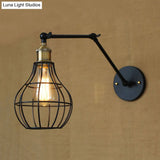 Modern Black Metal Wall Sconce With Adjustable Arm And Cage Shade - Retro Style Lighting 1 Light