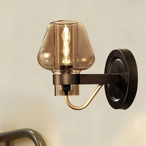 Modern Black Mushroom Wall Sconce With Amber Glass - Bedroom Lighting Fixture