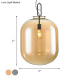 Modern Black Ovale Ceiling Hanging Light With Smoke Grey/Amber Glass Pendant - 1 Bulb Lighting