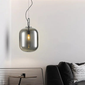 Modern Black Ovale Ceiling Hanging Light With Smoke Grey/Amber Glass Pendant - 1 Bulb Lighting